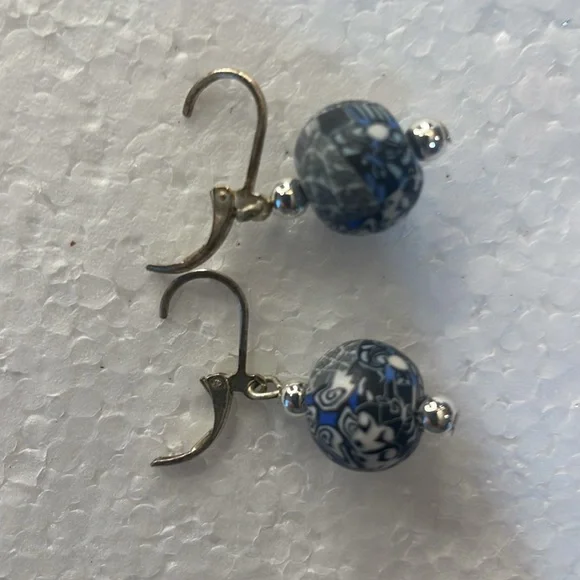 Vintage blue white glass ball drop earrings pierced ears silver lever closure